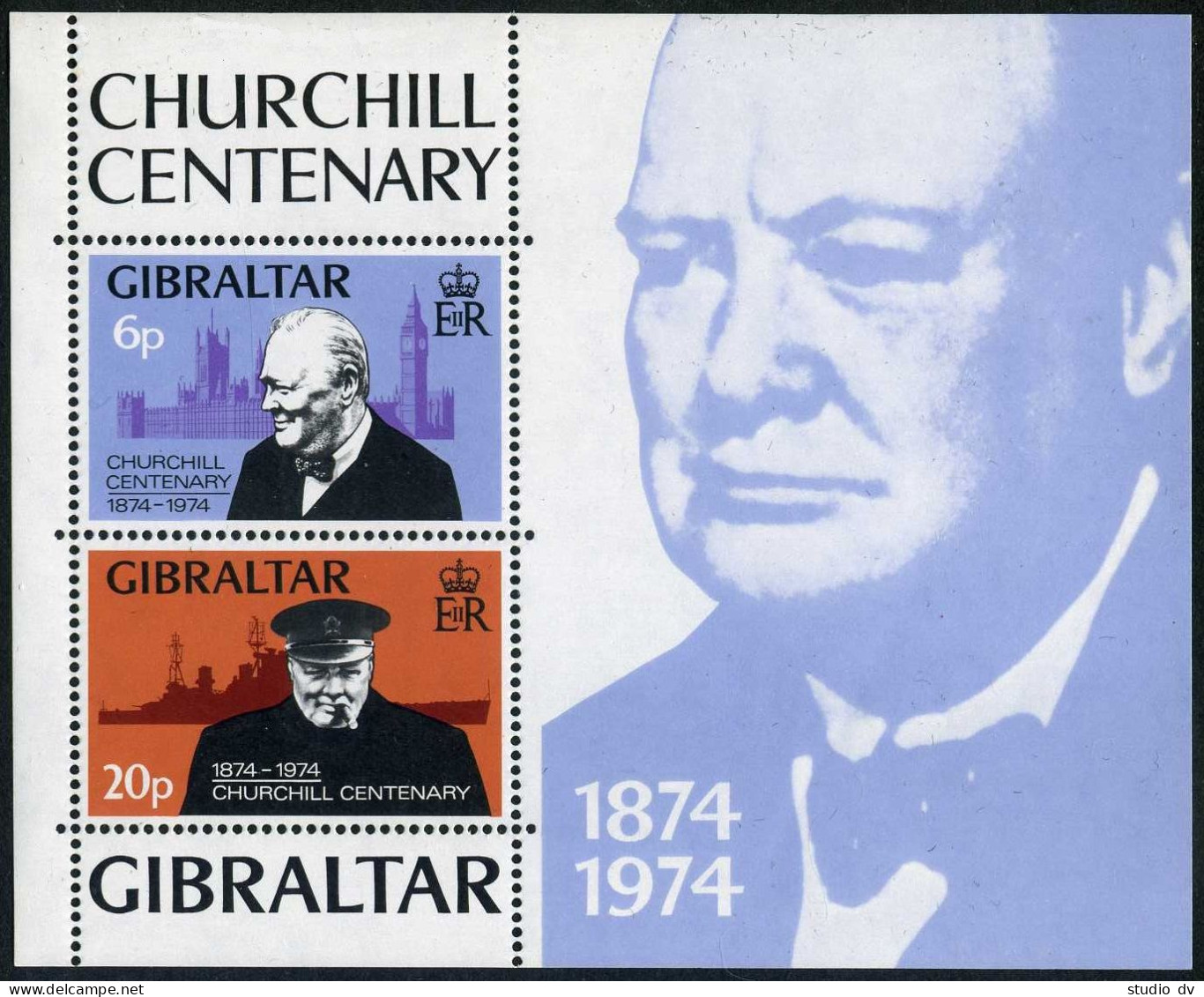 Gibraltar 317a Sheet, MNH. Michel Bl.1. Sir Winston Churchill, 1974. Battleship. - Gibraltar