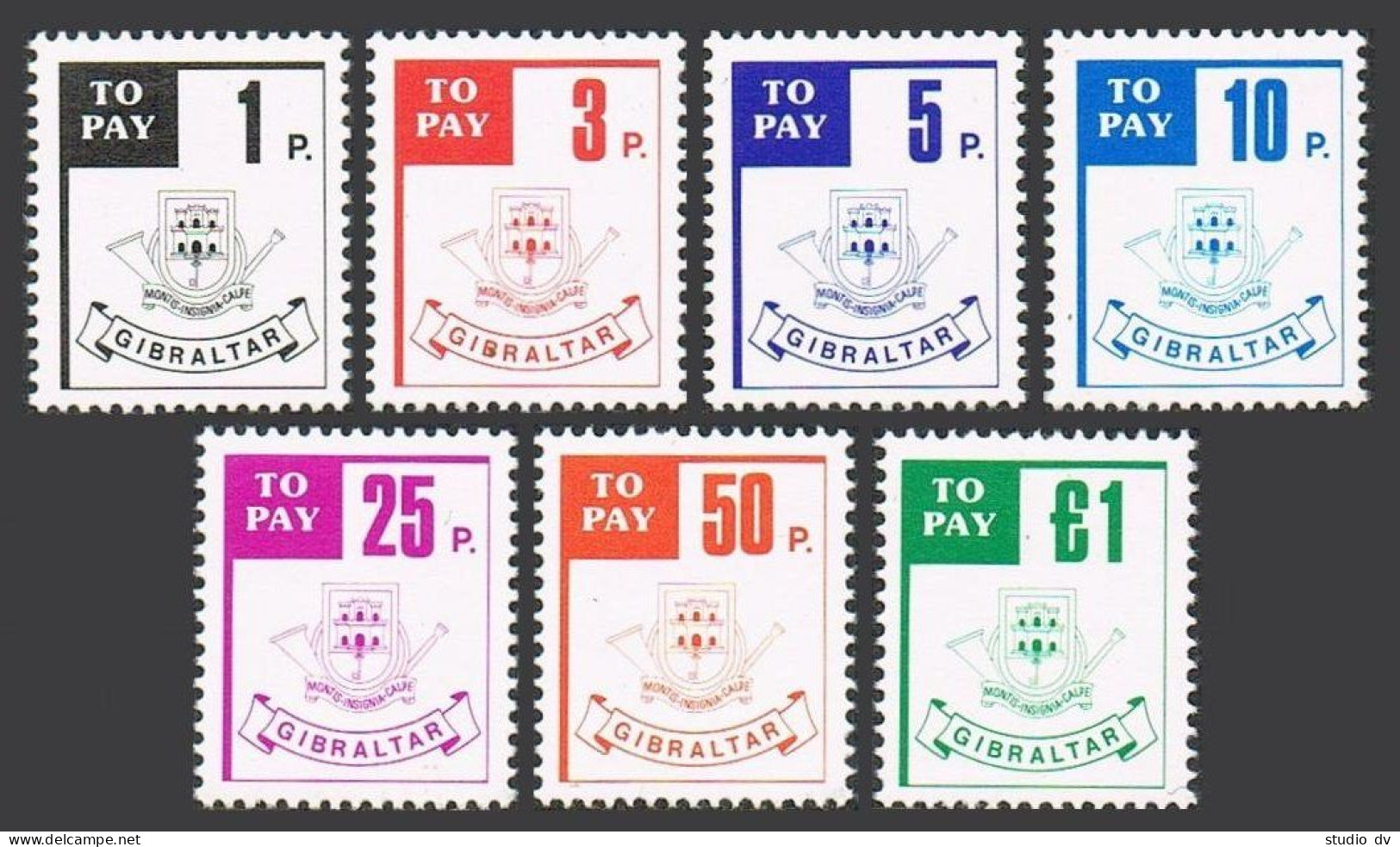 Gibraltar J26-J31, MNH. Michel P13-P19. Due Stamps 1984. Postal Arms, Key. - Gibraltar