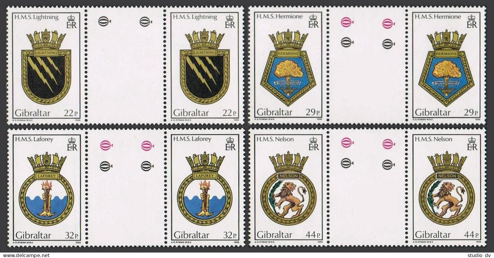 Gibraltar 492-495 Gutter, MNH. Mi 513-516. Royal Naval Crests 1986. Tree, Lion. - Gibraltar