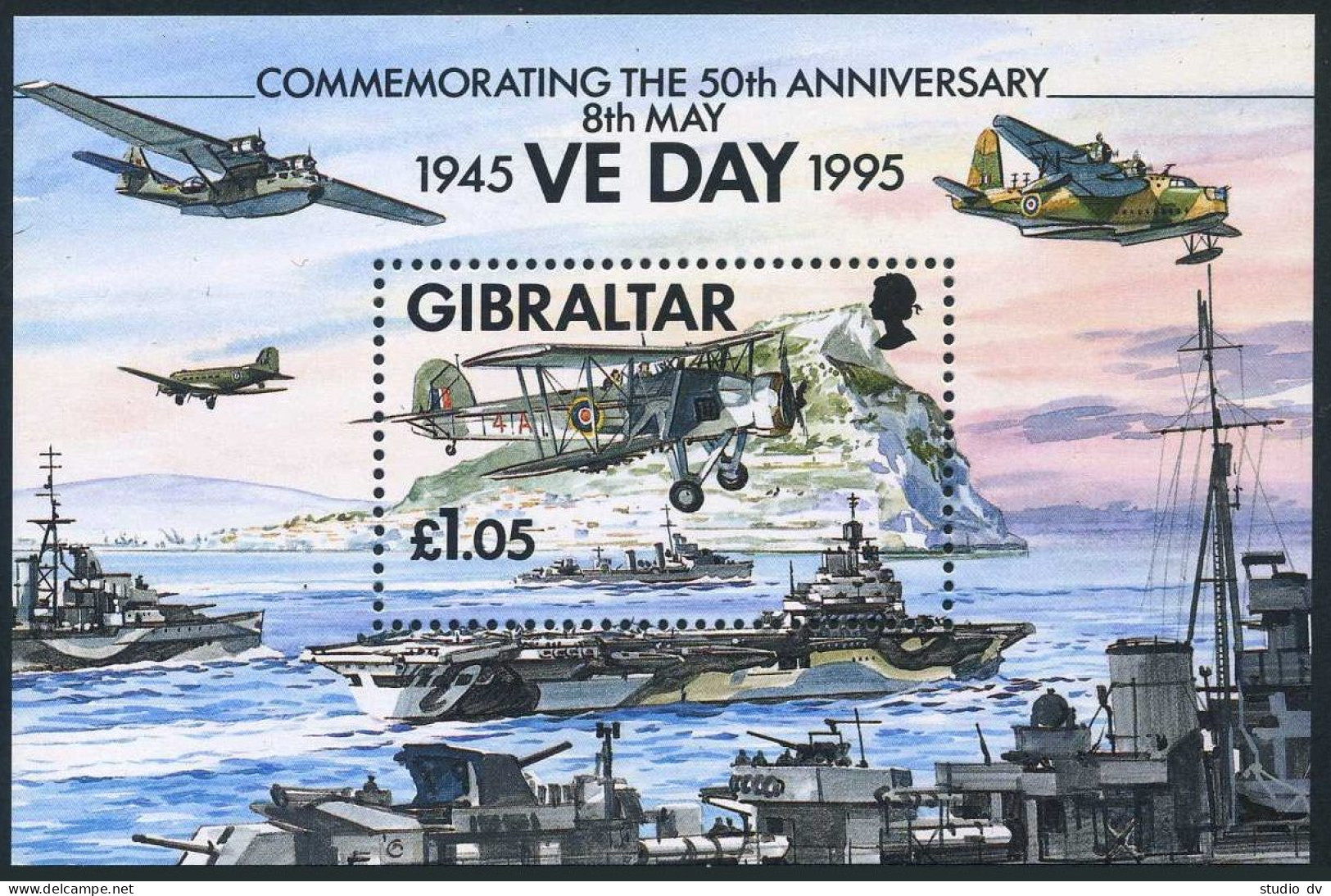 Gibraltar 683, MNH. Michel 714 Bl.21. VE Day-50, 1995. Warships, Planes.  - Gibilterra
