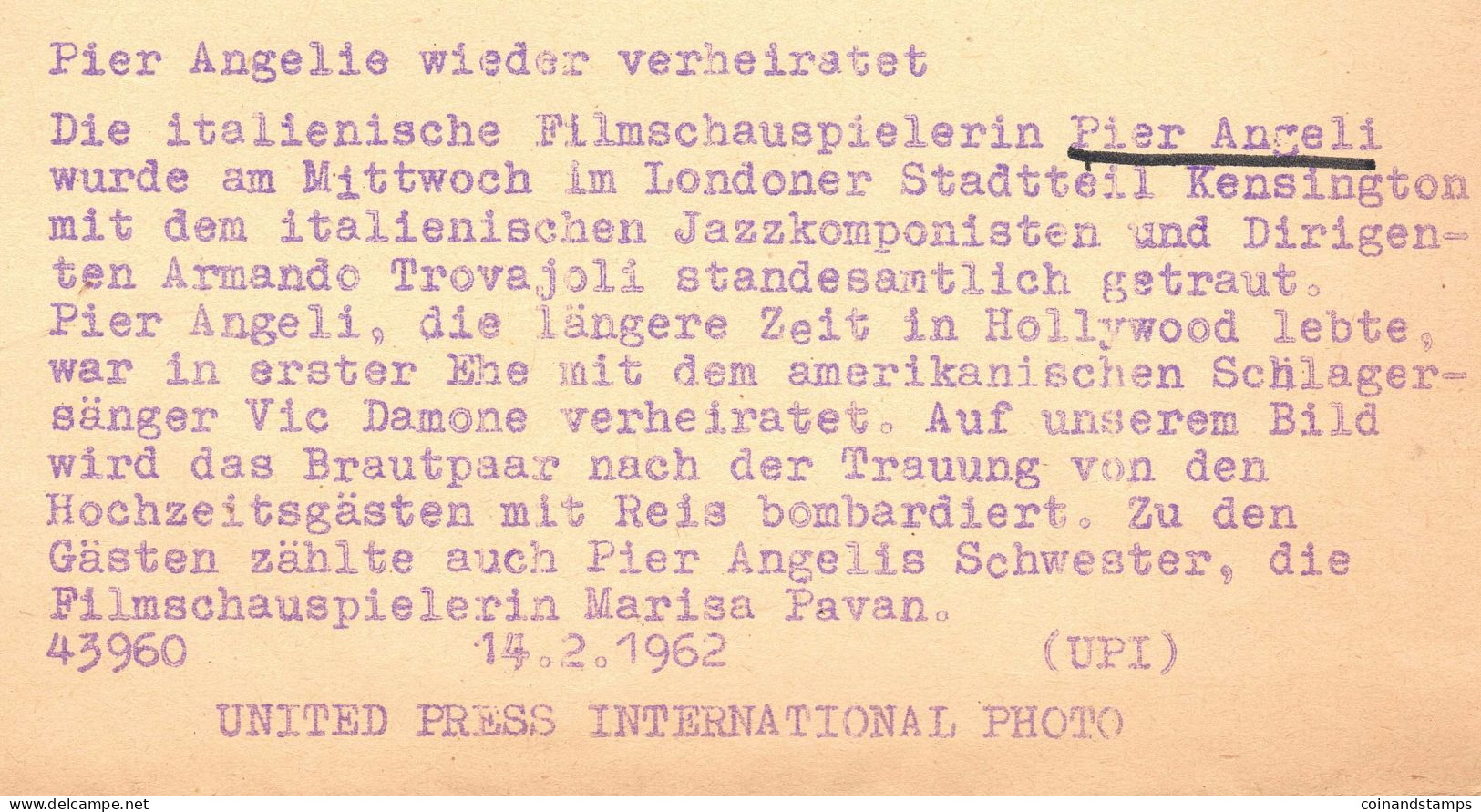 Orig. Hochtzeitsfoto Angeli Pier Und Armando Trovajoli Der United Press, S/w, Größe: 66x215mm, RARE - Acteurs & Comédiens