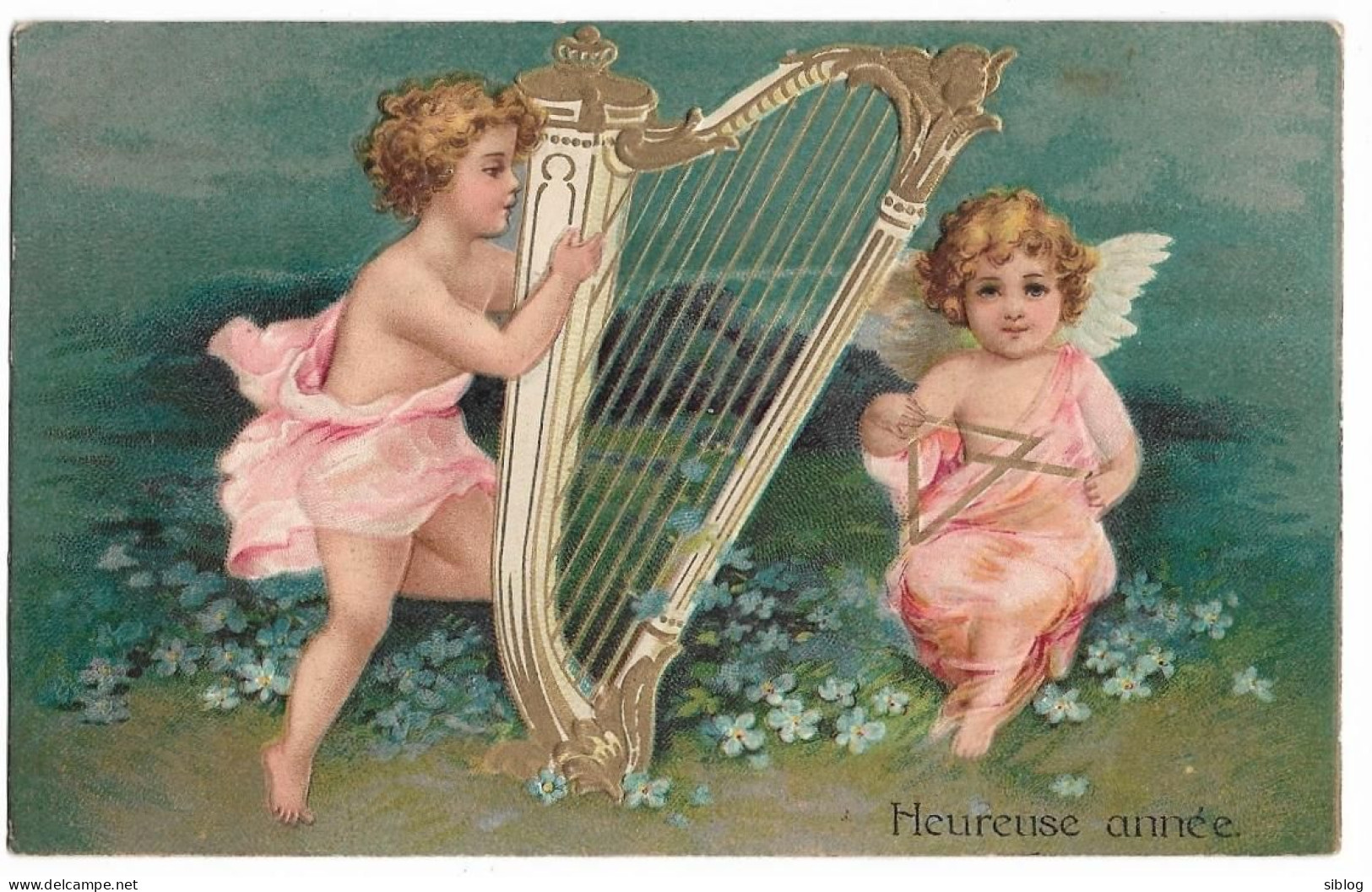 CPA Gauffrée - ANGES Jouant De La Harpe - BONNE ANNEE - Neujahr
