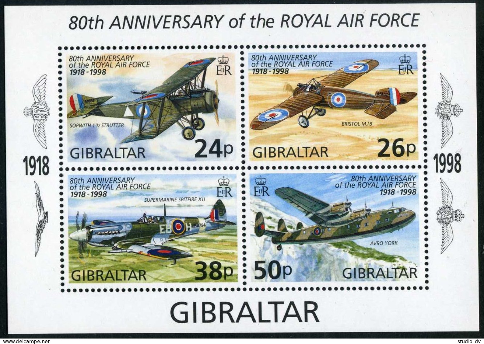 Gibraltar 755-758,759 Ad Sheet, MNH. Mi 822-825,Bl.33. Royal Air Force-80, 1998. - Gibraltar