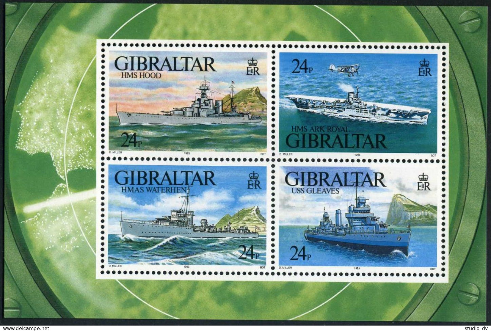 Gibraltar 630, MNH. Mi Bl.18. WW II Warships: HMS Hood, Ark Royal, USS Gleaves, - Gibilterra