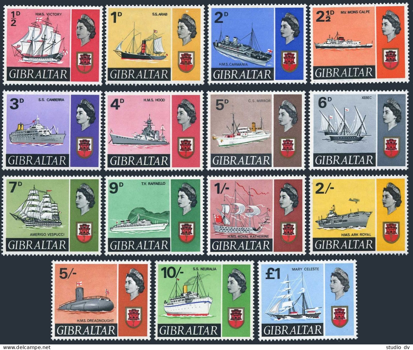Gibraltar 186-199, 191A, MNH. Mi 188-201,224. Ships And Arms Of Gibraltar, 1967. - Gibraltar