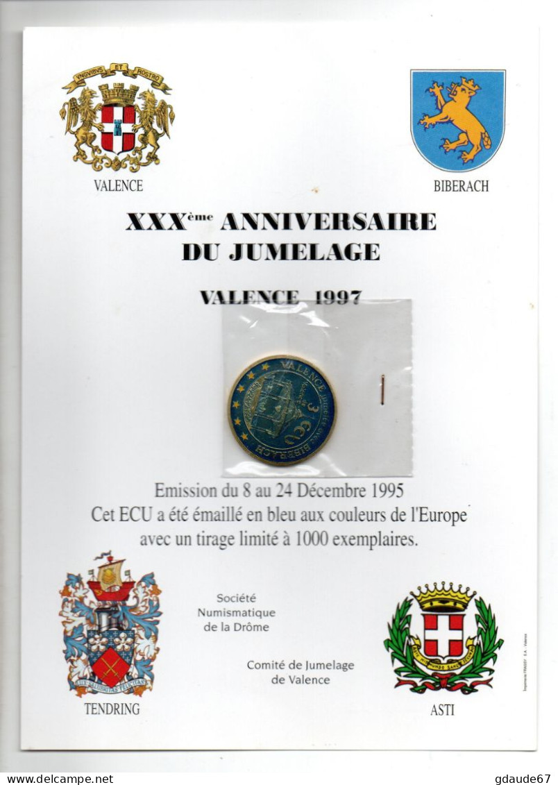 1995 - ECU EMAILLE EN BLEU Du XXX° ANNIVERSAIRE DU JUMELAGE De VALENCE (DROME) & BIBERACH - TIRAGE 1000 EXEMPLAIRES - Variétés Et Curiosités