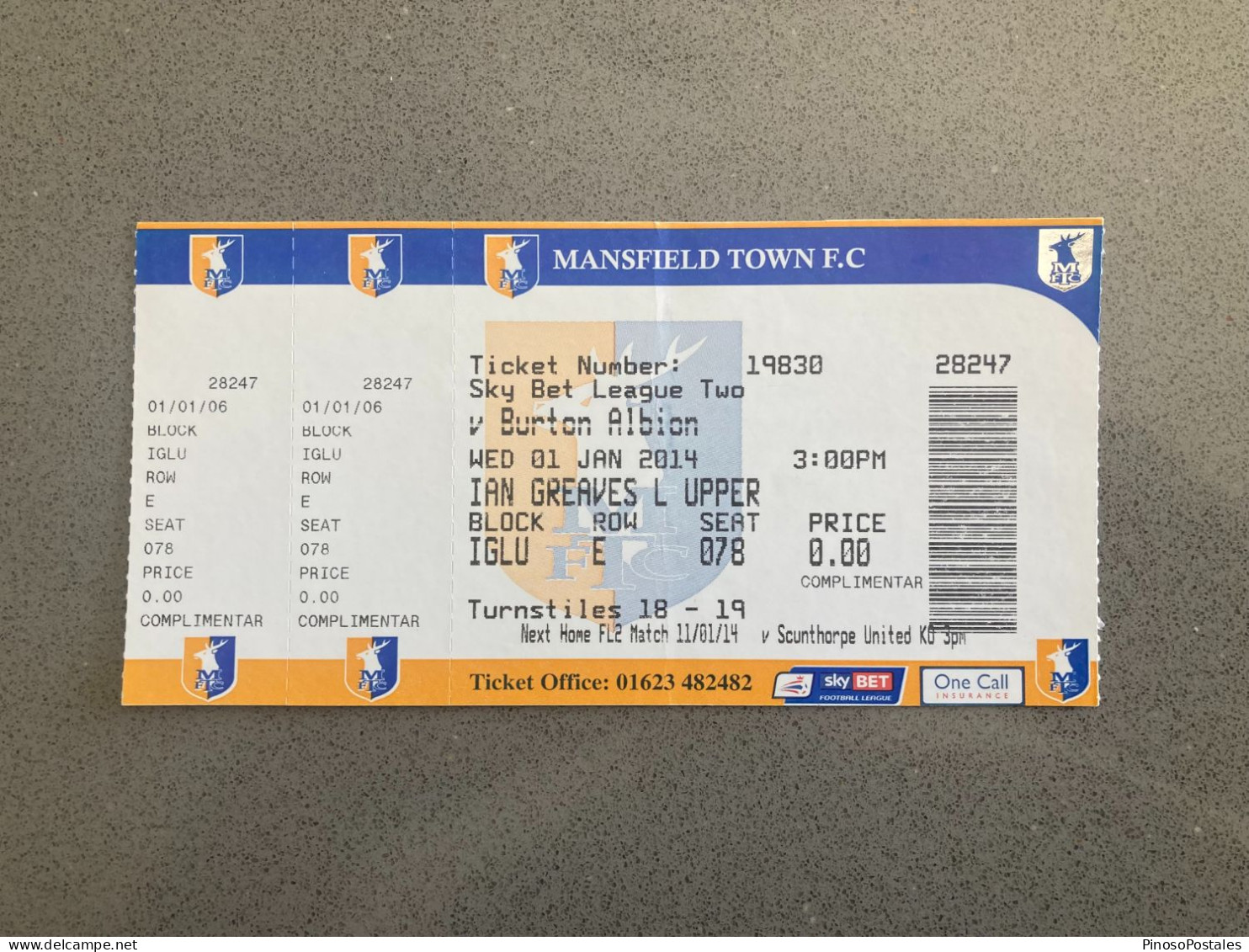 Mansfield Town V Burton Albion 2013-14 Match Ticket - Tickets & Toegangskaarten