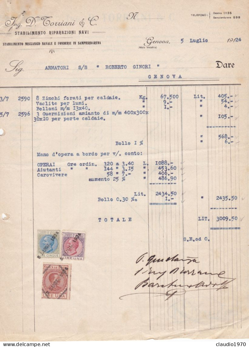 GENOVA - DOCUMENTO - FATTURA - STABILIMENTO RIPARAZIONI NAVI - ING. D. TORRIANI - 1924 - Italy