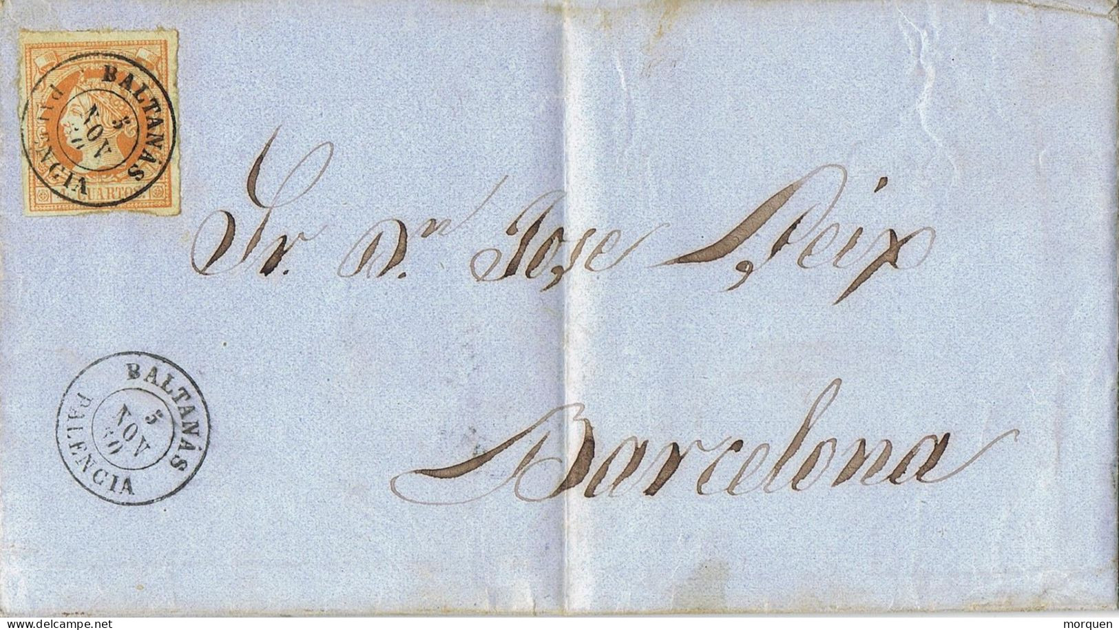 54898. Carta Entera BALTANÁS (Palencia)  1860. Fechador Tipo II. MUY RARA. Estampacion Lujo - Cartas & Documentos