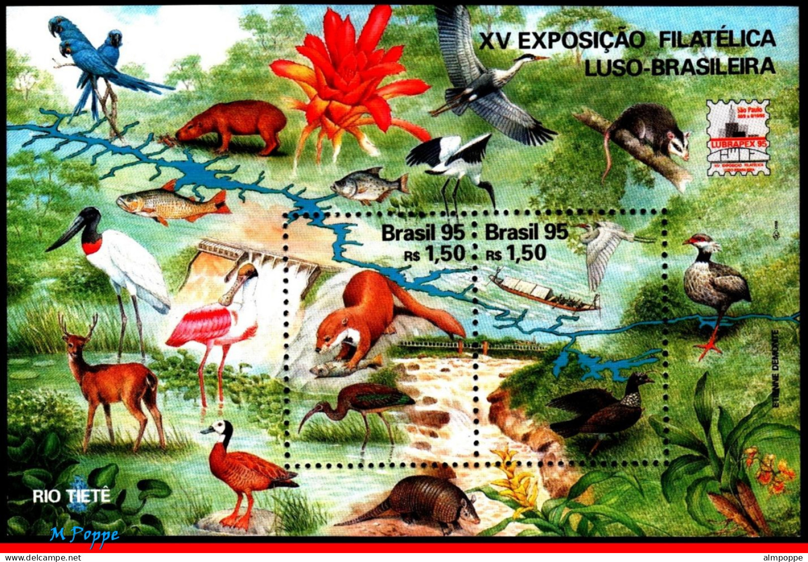 Ref. BR-2556 BRAZIL 1995 - NATURE, BIRDS, LUBRAPEX,PHIL.EXHIBITION, MI# B99, MNH, ANIMALS, FAUNA 2V Sc# 2556 - Collections, Lots & Séries