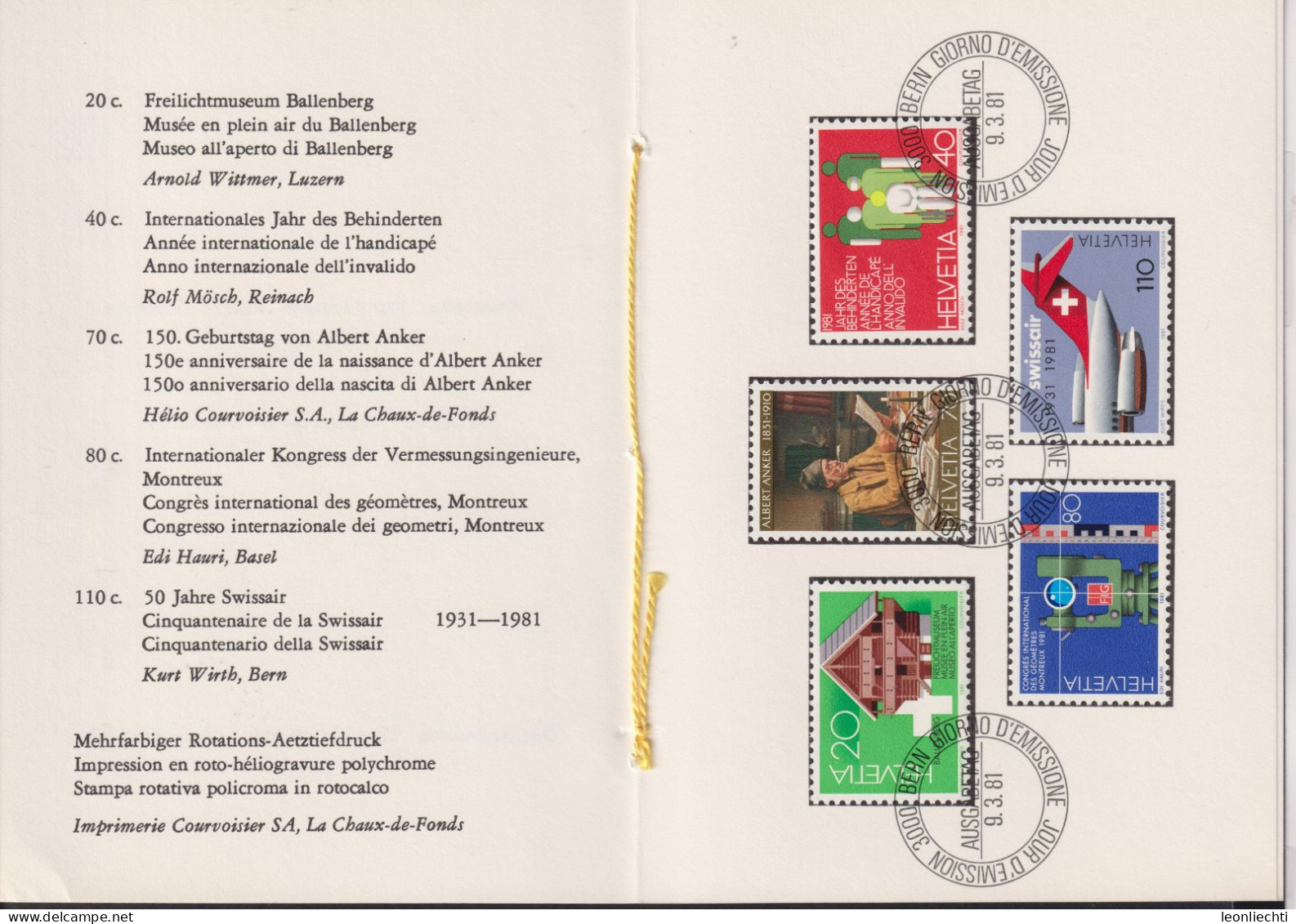 1981 Schweiz PTT Faltblatt Nr.179, ET ° Mi:CH 1191-1195, Zum:CH 649-653,  Sonderpostmarken I - Covers & Documents