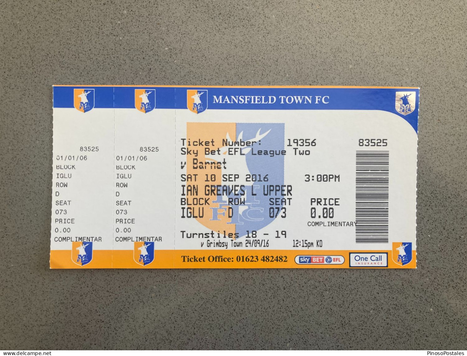 Mansfield Town V Barnet 2016-17 Match Ticket - Tickets D'entrée