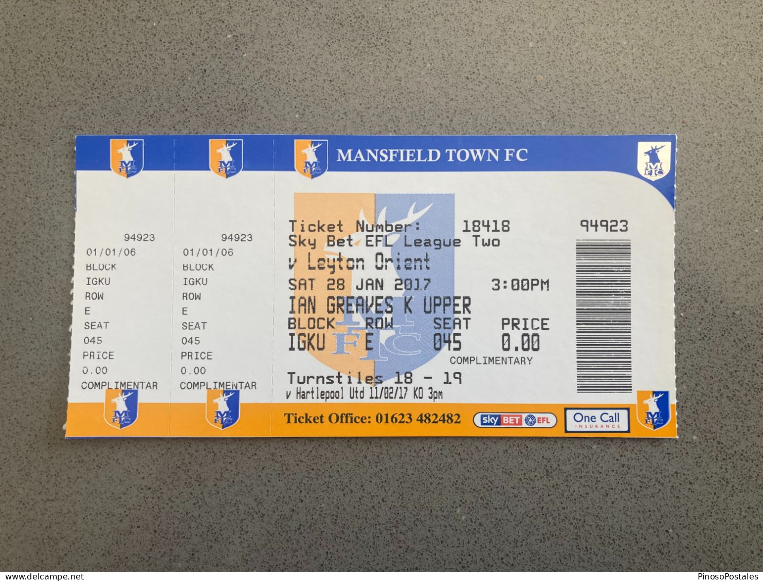 Mansfield Town V Leyton Orient 2016-17 Match Ticket - Match Tickets