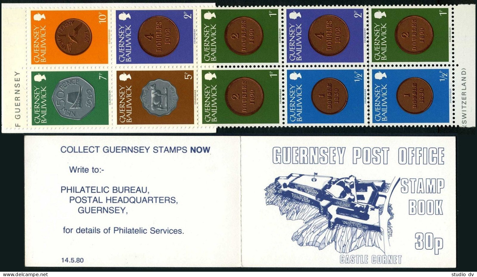 Guernsey 179/182/179/175x2/174x3/173x2 30p Booklet,MNH.Mi H-Blatt 9. Coins 1979. - Guernsey