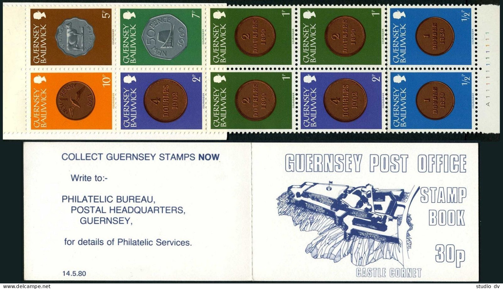 Guernsey 182/177/175x2/179/174x3/173x2 30p Booklet,MNH.Mi H-Blatt 7. Coins 1979. - Guernesey