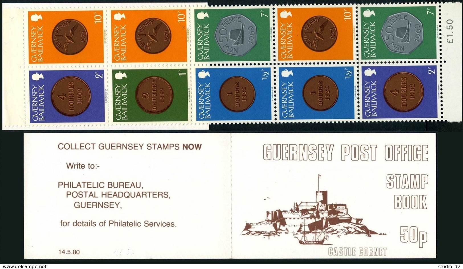 Guernsey 175x2/182x3/173x2/179x2 50p Booklet,MNH.Mi H-Blatt 13. Coins 1979. - Guernesey