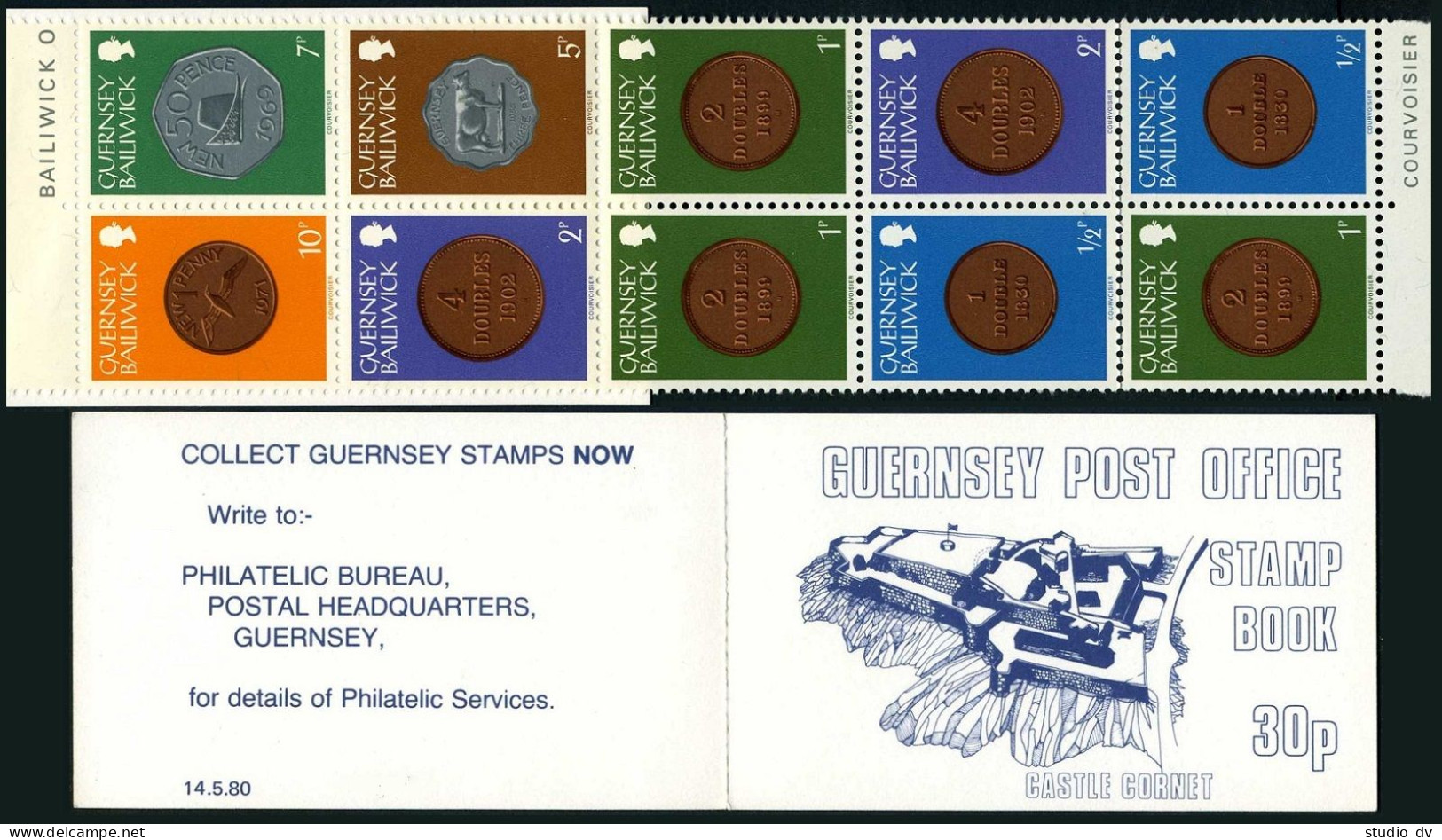 Guernsey 182/179/175x2/177/174x3/173x2 30p Booklet,MNH.Mi H-Blatt 8. Coins 1979. - Guernsey