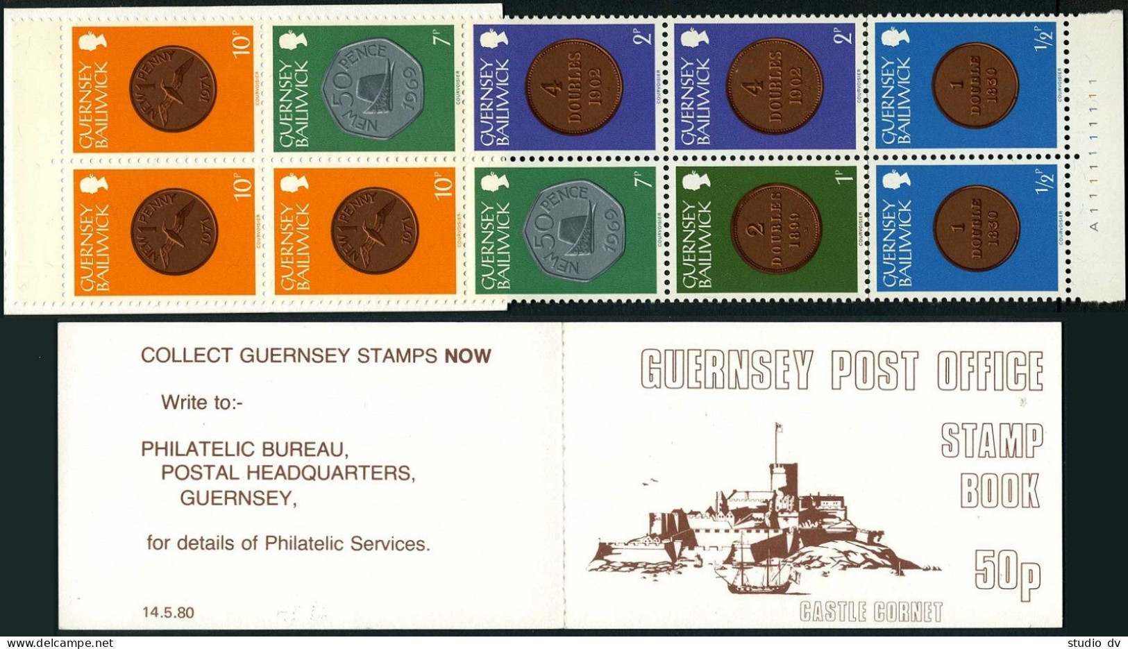 Guernsey 182x3/179x2/175x2/173x2 50p Booklet, MNH. Mi H-Blatt 11. Coins 1979. - Guernesey