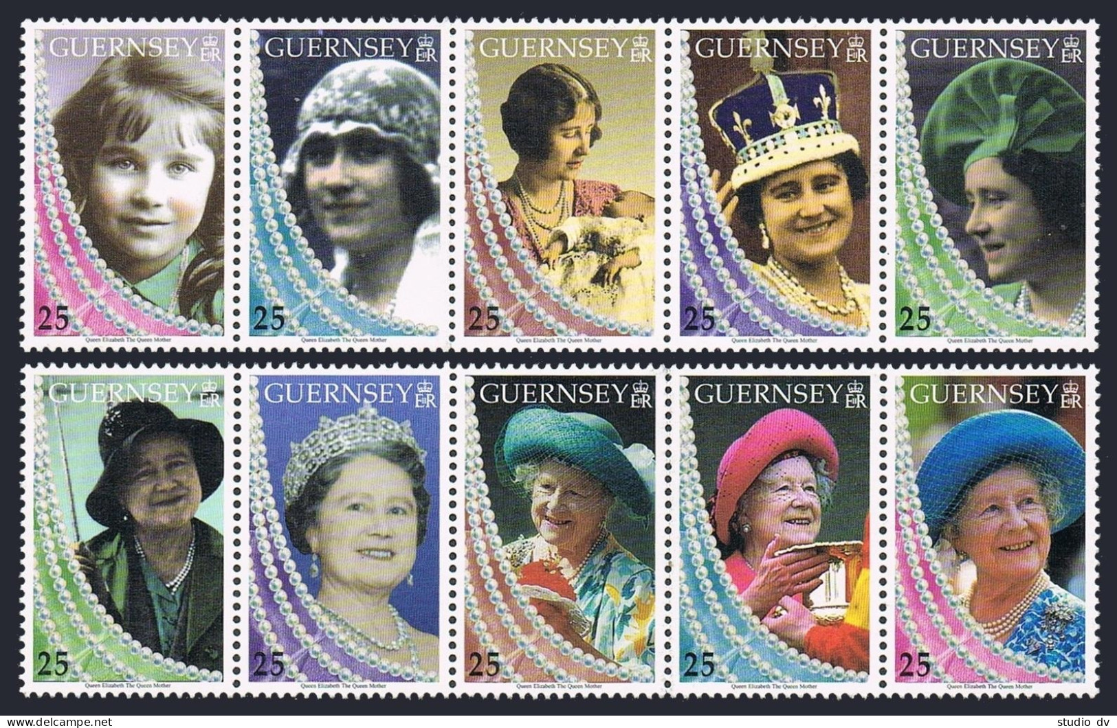 Guernsey 670-679a Two Strips,MNH. Queen Mother Elizabeth,1999.Pearls,photographs - Guernesey