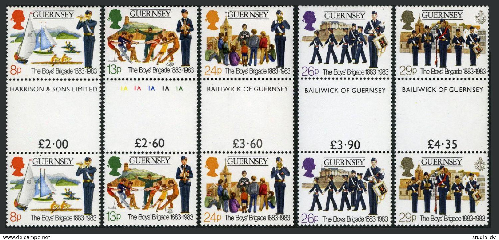 Guernsey 255-259 Gutter, MNH. Michel 260-264. Boys Brigade,100, 1983. Yachting. - Guernesey