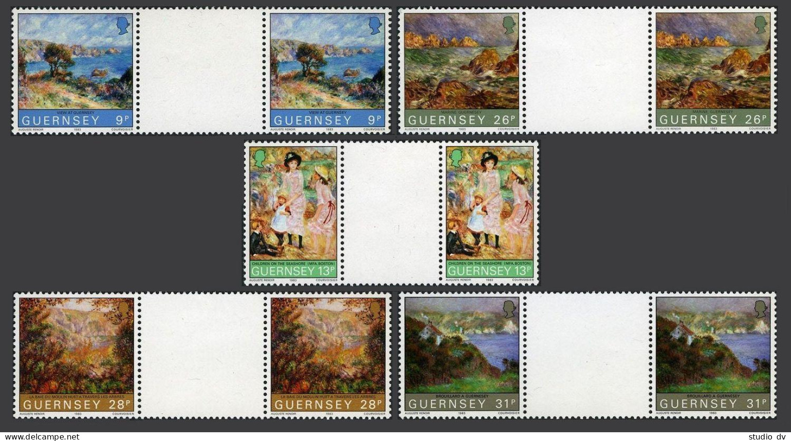 Guernsey 264-268 Gutter,MNH.Michel 269-273. Renoir's Visit,100,1983.Paintings. - Guernsey