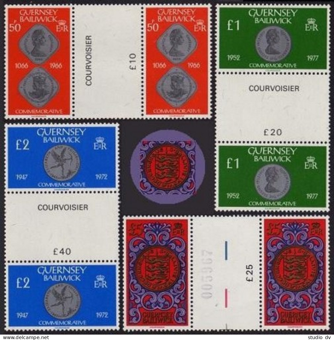 Guernsey 201-203, 203A Gutter, MNH. Mi 199-203, 222. Coins 1980. Official Seal. - Guernesey