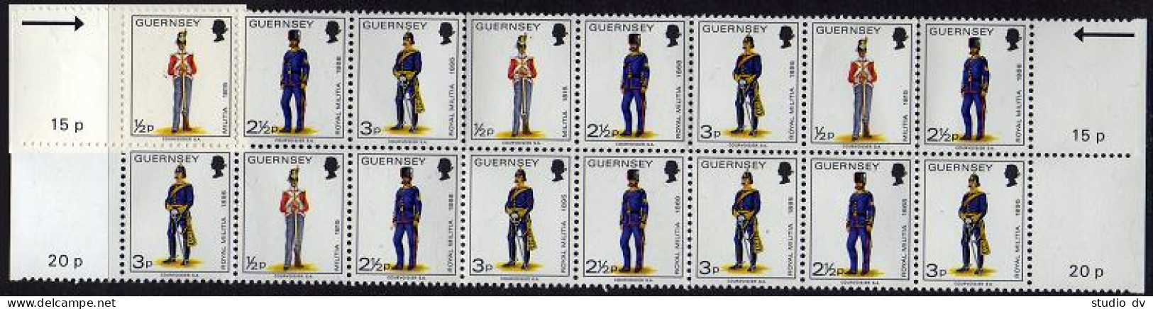 Guernsey 99a, 100a 2 Booklets 10p & 35p, MNH. Military, Militia Uniforms, 1974. - Guernsey