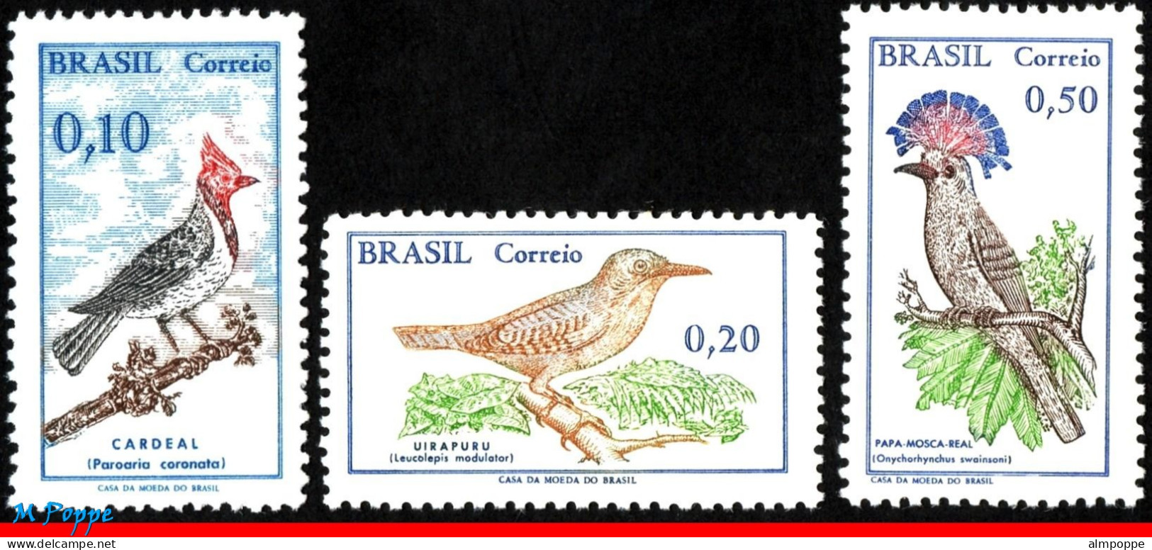 Ref. BR-1087-89 BRAZIL 1969 - 1968, CARDINAL, MUSICIANWREN, FLYCATCHER, MI# 1178-79/1223, MNH, BIRDS 3V Sc# 1087-1089 - Unused Stamps