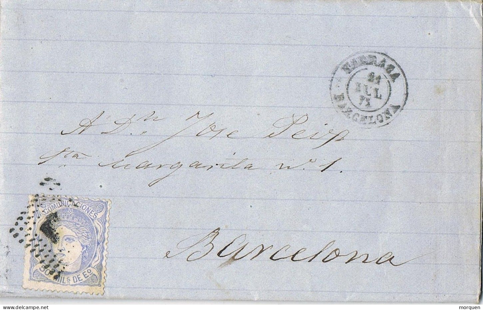 54899. Carta Entera TARRASA (Barcelona) 1872. Sello Alegoria, Fechador Tipo II - Cartas & Documentos