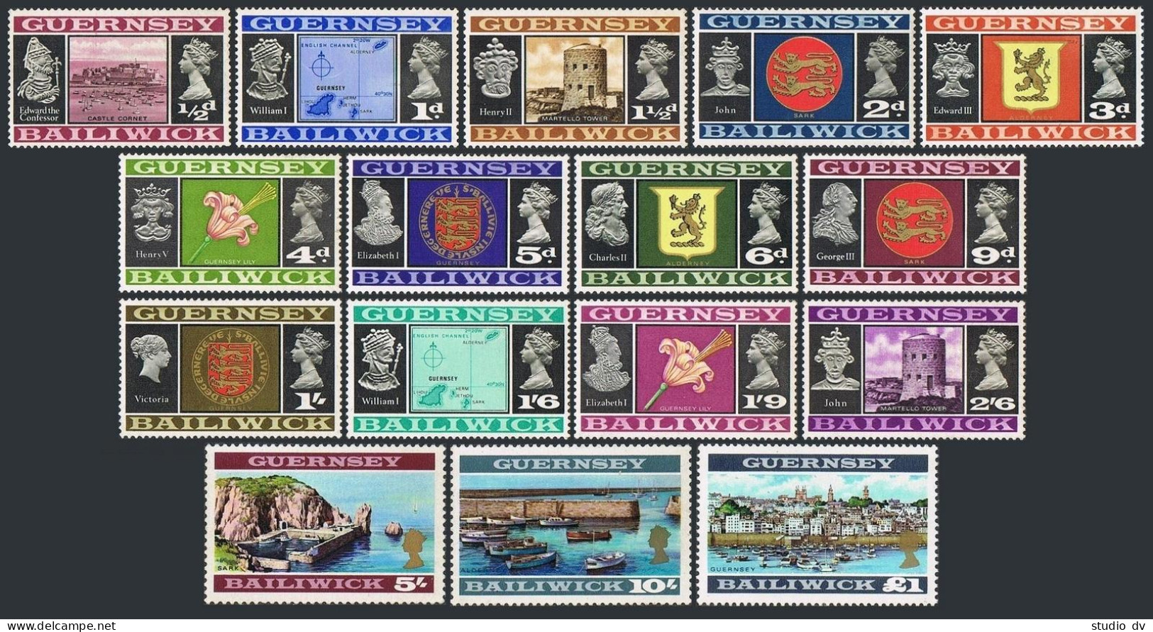 Guernsey 8-23,MNH.Michel 8-23. QE II,1969-70. Map,Lily,Ships,Arms,Harbors,Kings. - Guernsey