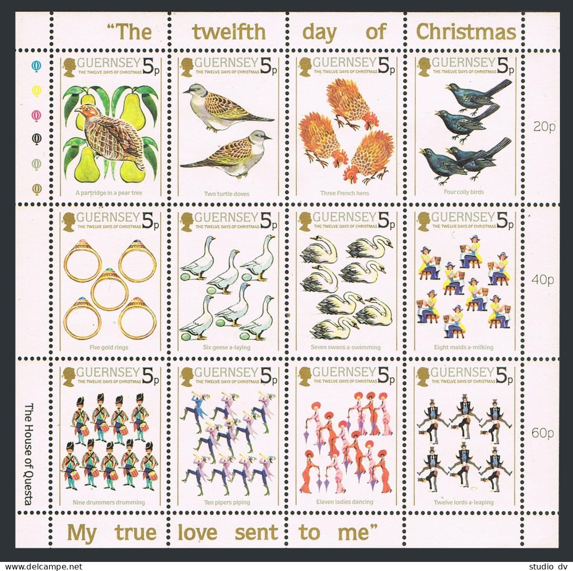 Guernsey 307a Sheet, MNH. Mi 298-309. The Twelfth Day Of Christmas, 1984. Birds. - Guernesey