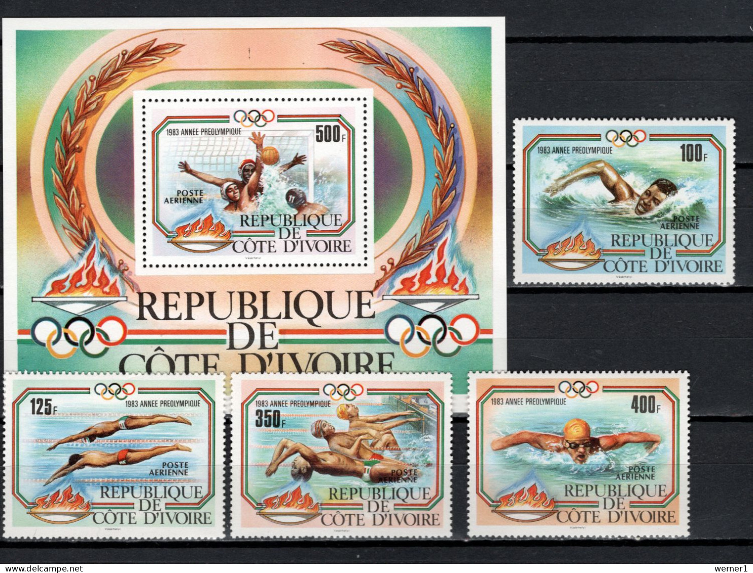 Ivory Coast 1983 Olympic Games Los Angeles, Swimming, Waterball Set Of 4 + S/s MNH - Sommer 1984: Los Angeles