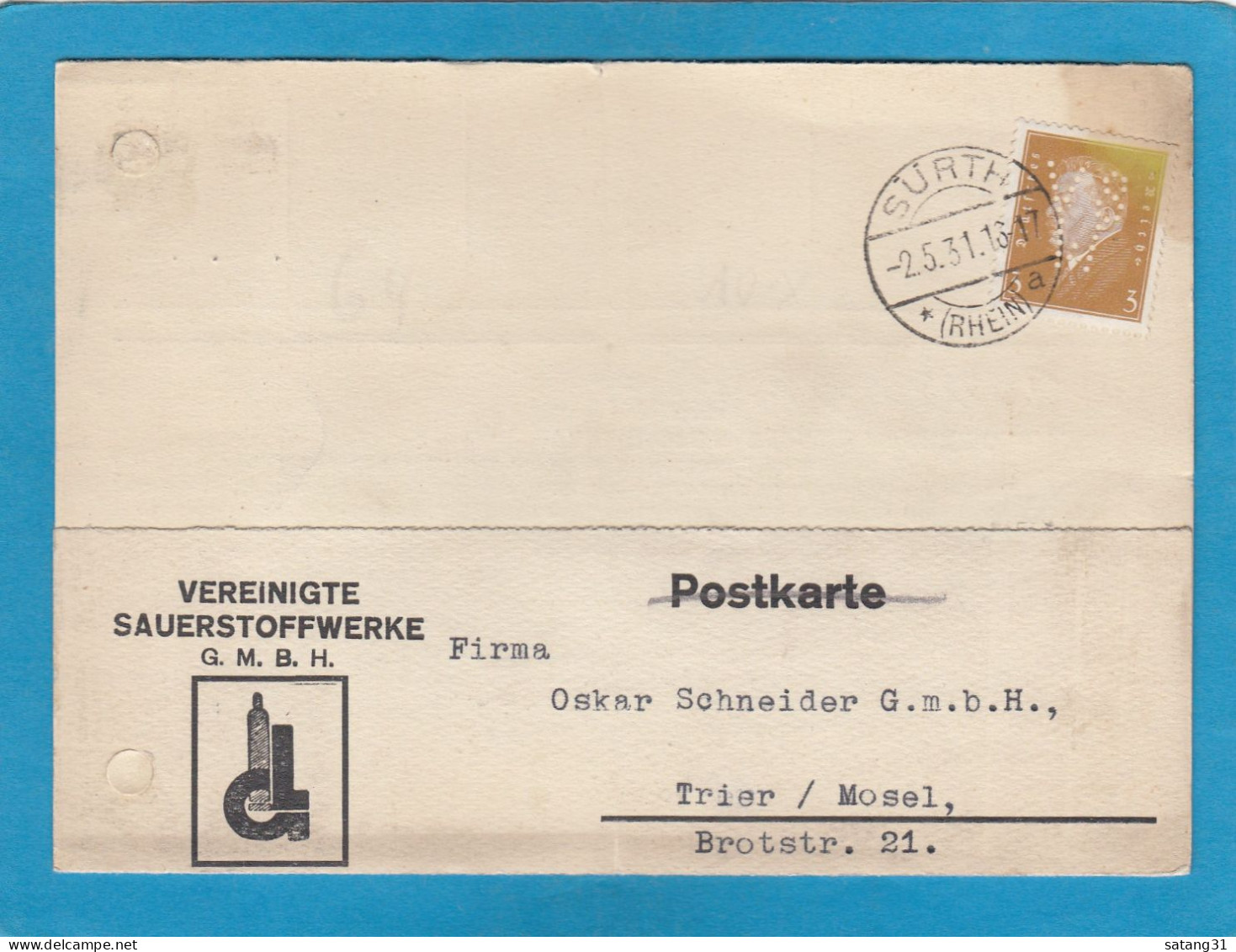 PERFIN/PERFORES/FIRMENLOCHUNG. VEREINIGTE SAUERSTOFFWERKE  G.M.B.H.,FIRMENKARTE AUS SÜRTH. - Covers & Documents