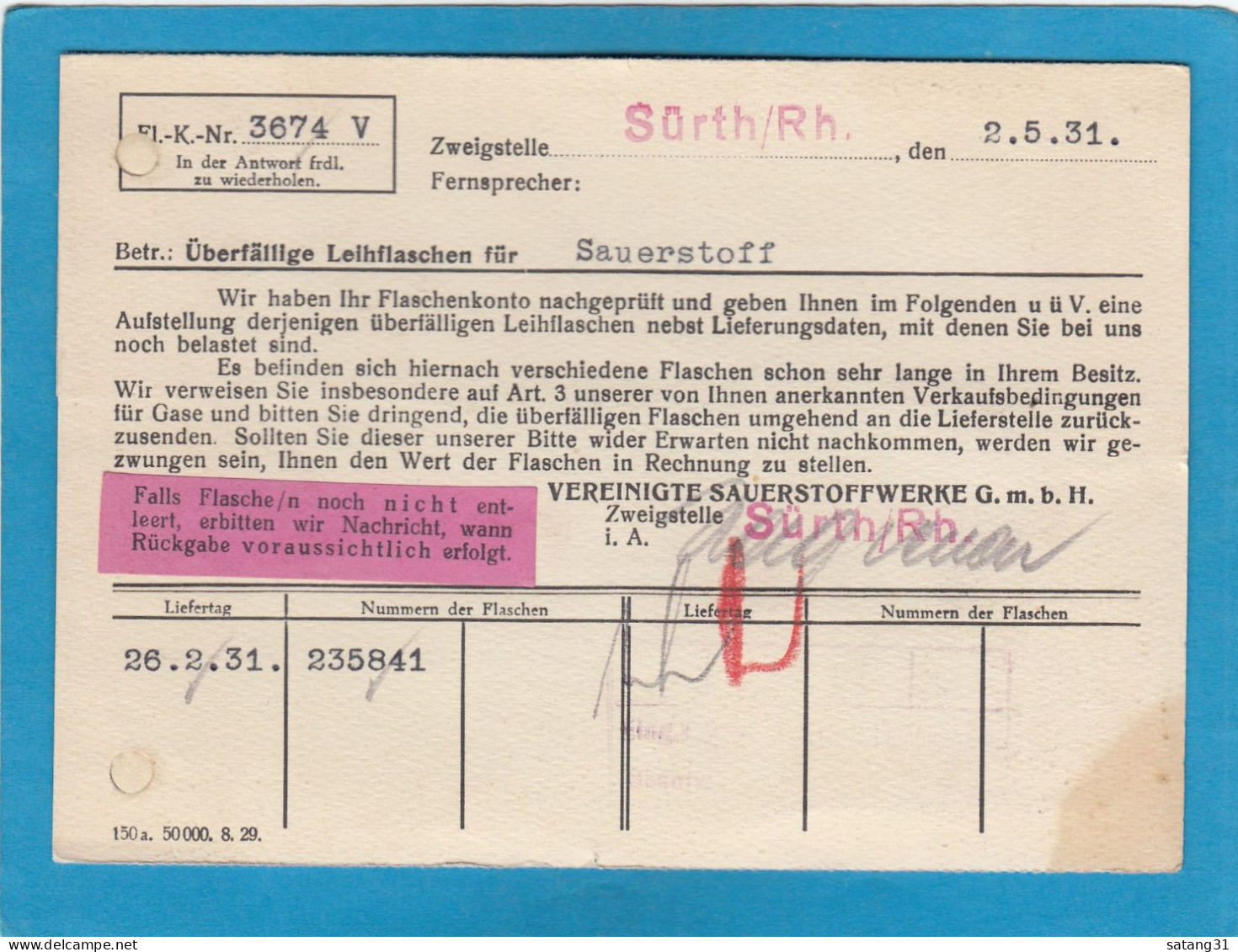 PERFIN/PERFORES/FIRMENLOCHUNG. VEREINIGTE SAUERSTOFFWERKE  G.M.B.H.,FIRMENKARTE AUS SÜRTH. - Briefe U. Dokumente