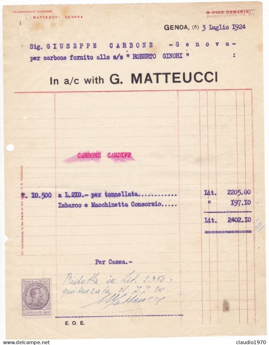 GENOVA - DOCUMENTO - FATTURA - MATTEUCCI - GENOVA - SIG. GIUSEPPE CARBONE PER CARBONE FORNITO - 1924 - Italy