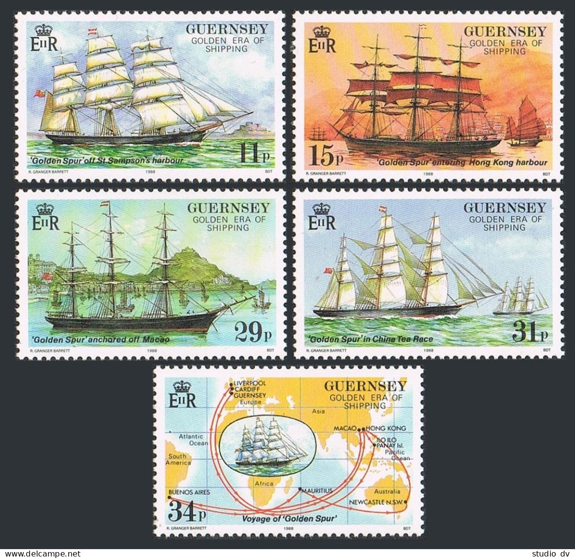 Guernsey 367-371, MNH. Michel 408-412. Voyage Of The Golden Spur, 1988. Map. - Guernsey