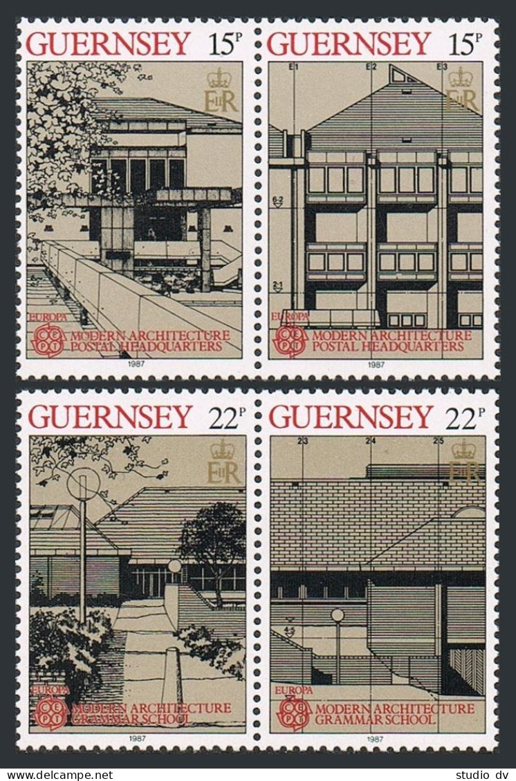 Guernsey 348-351a Pairs, MNH. Mi 389-392. EUROPE CEPT-1987. Modern Architecture. - Guernesey