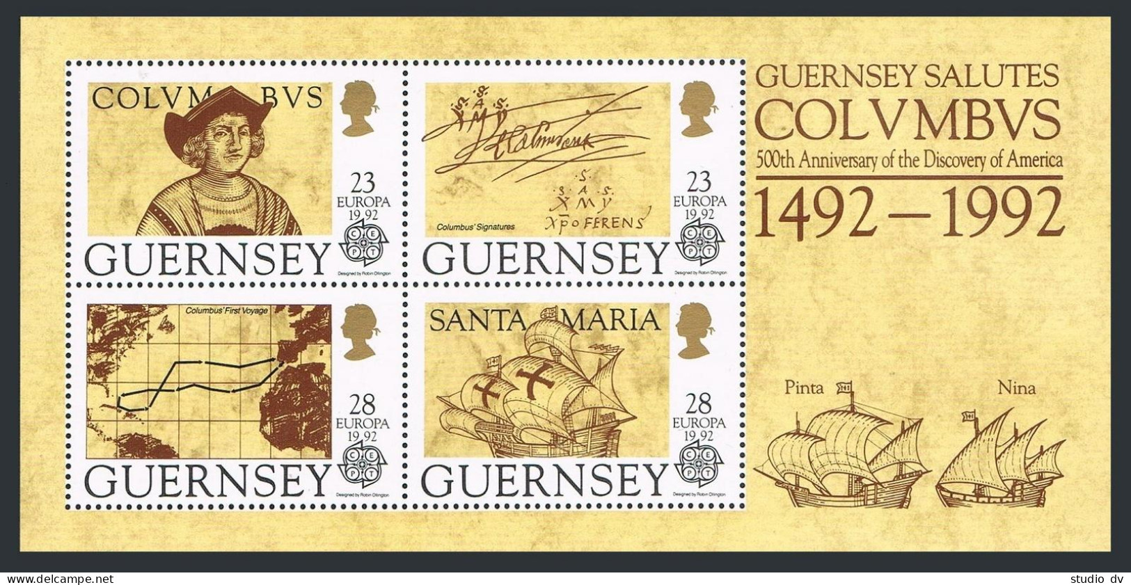 Guernsey 467-470,470a,MNH. Mi 549-552,Bl.8. EUROPE CEPT-1992.Columbus-500,Ships, - Guernesey