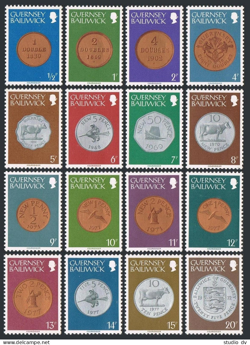 Guernsey 173-188, MNH. Michel 173-188. Coins 1979. Bird, Cow, Lily, Arms. - Guernsey