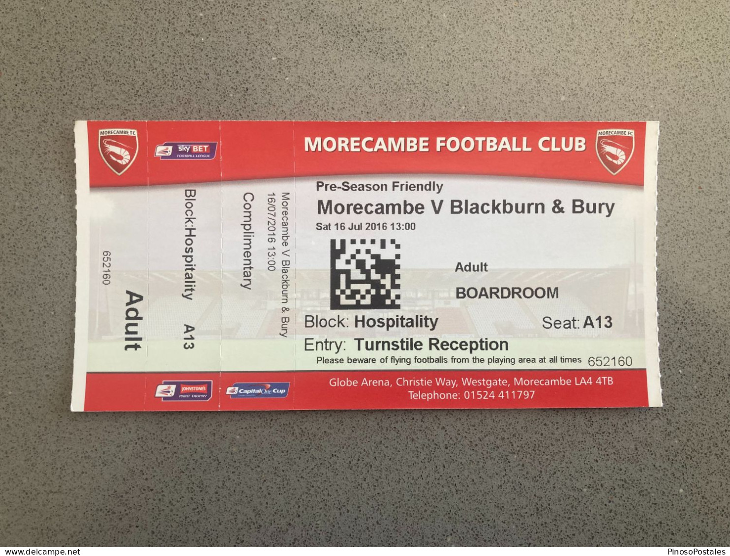 Morecambe V Blackburn Rovers 2016-17 Match Ticket - Tickets - Entradas