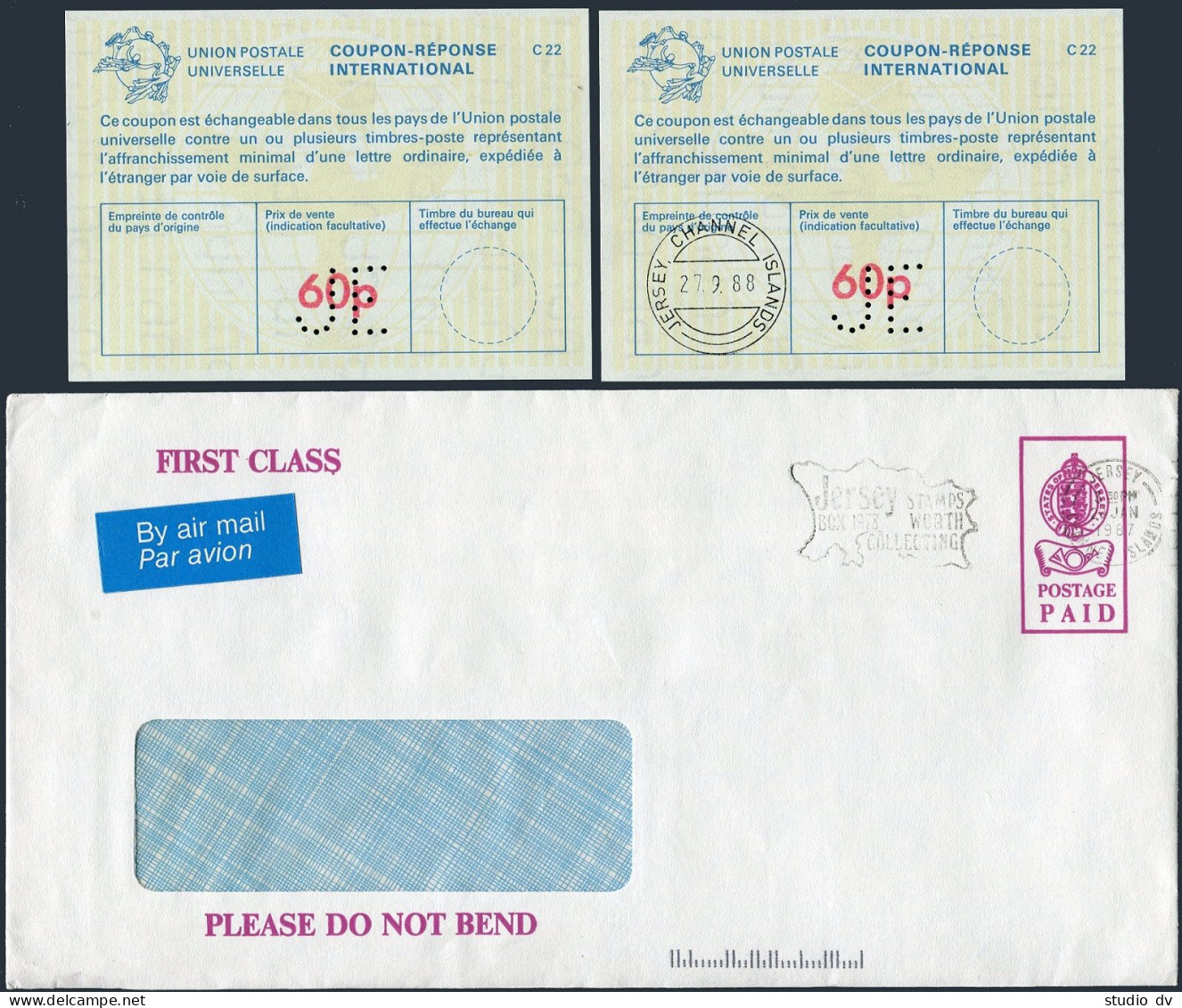 Jersey Postage Paid Large Envelope Used &_x000D_
 Two UPU Coupon-responce,1987._x000D_
 - Jersey