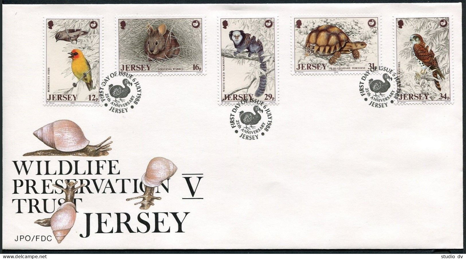 Jersey 456-60,FDC.Michel 442-446. Fody,Rabbit,Mormoset,Tortoise,Kestrel,1988. - Jersey