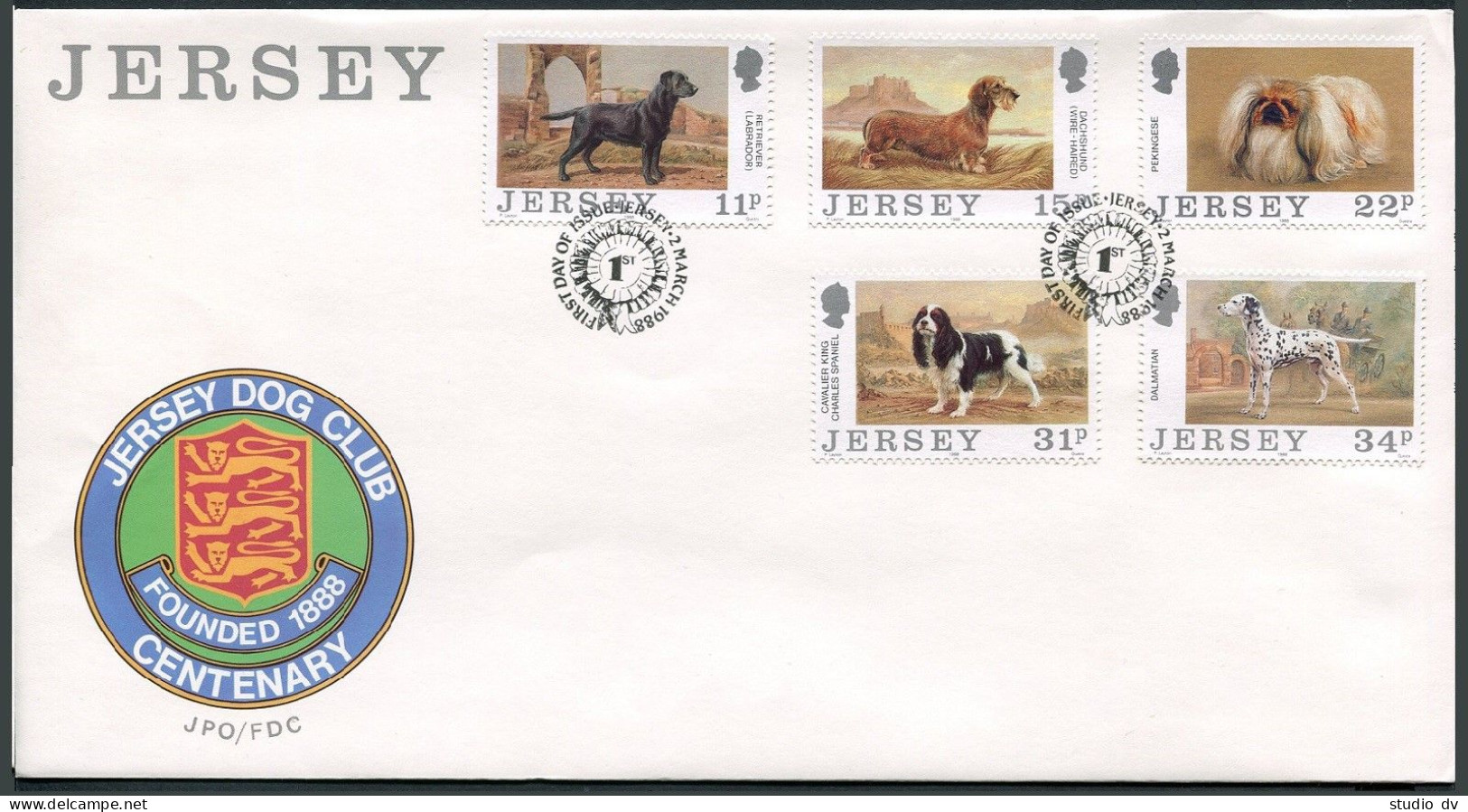 Jersey 447-451,FDC.Michel 430-434. Jersey Dog Club-100,1988.Labrador,Spaniel - Jersey