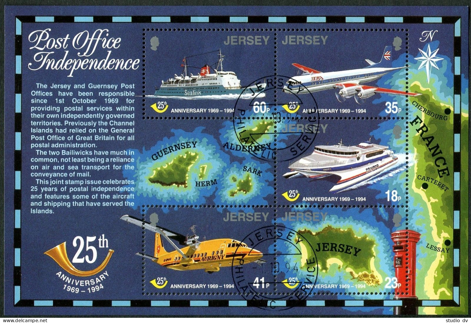 Jersey 689a, CTO. Michel Bl.9. Postal Independence, 25th Ann. Map, Ship, Planes. - Jersey