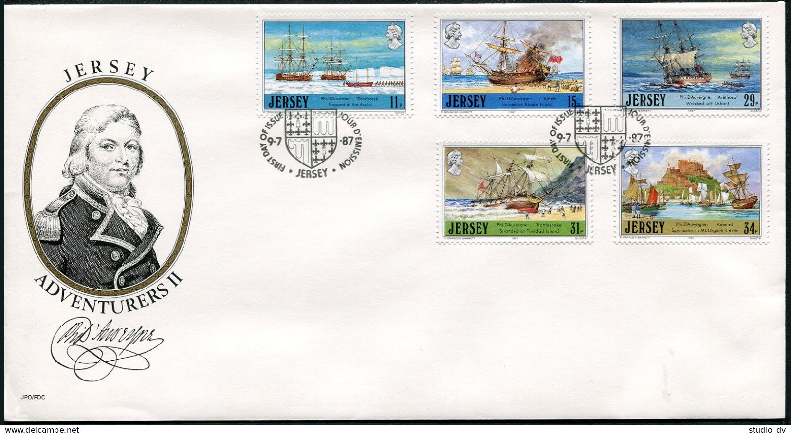 Jersey 426-430,FDC.Michel 409-413. Admiral Philipe D'Auvergne,1987.Ships. - Jersey