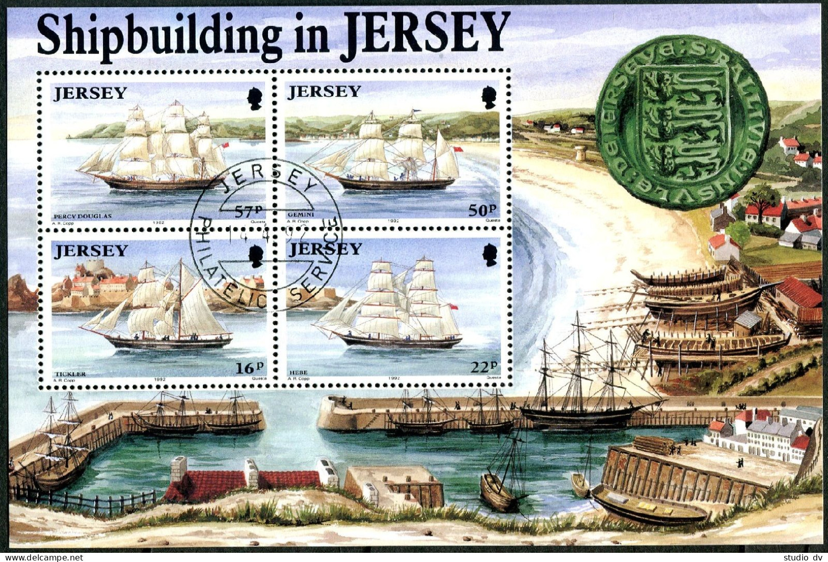 Jersey 599a, CTO. Mi Bl.6. Shipbuilding 1992. Percy Douglas, Gemini,Tickler,Hebe - Jersey