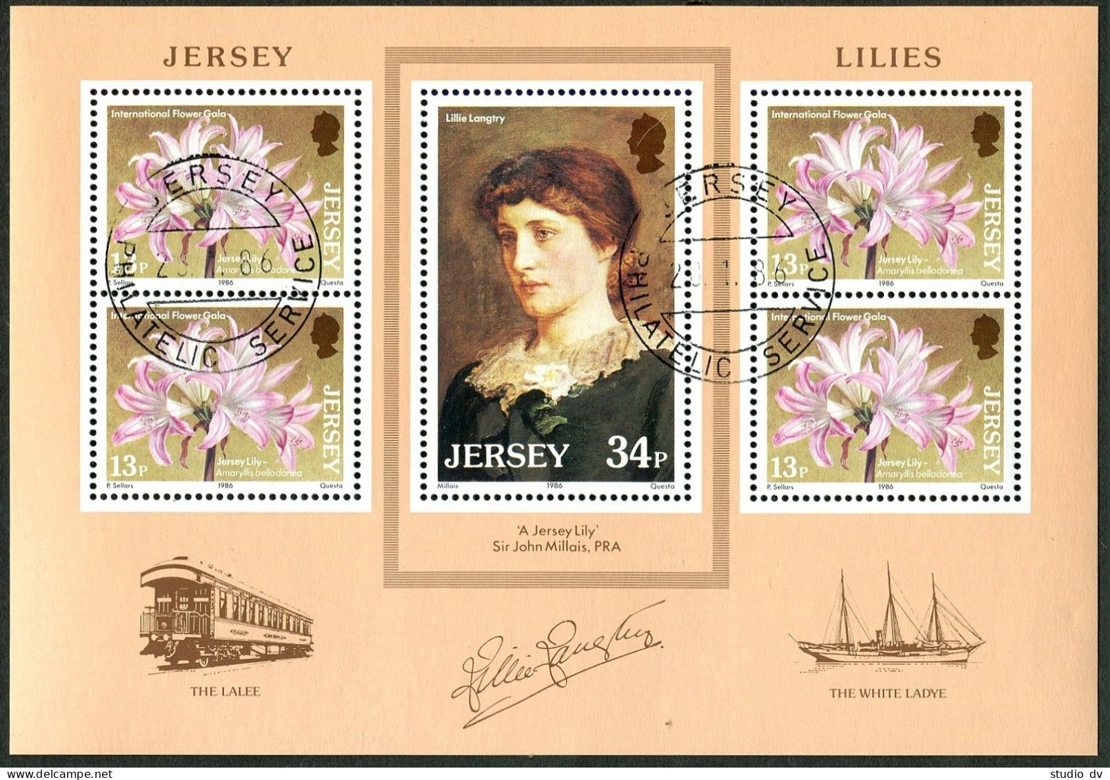 Jersey 392a Sheet, CTO. Mi 372-373 Bl.4. Lily; Lillie Langtry.John Millais,1986. - Jersey