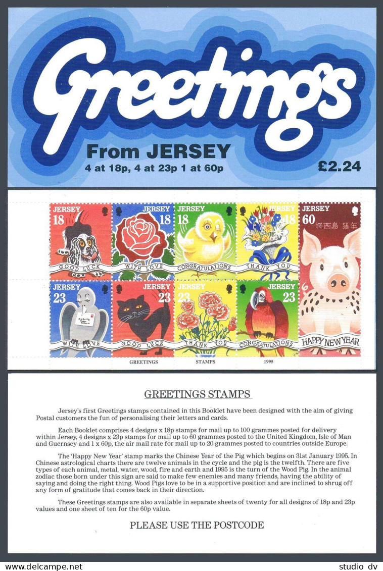 Jersey 702a Booklet,MNH. Greetings Stamps 1995.Dog,Cat,Birds,Flowers.Year Of Pig - Jersey