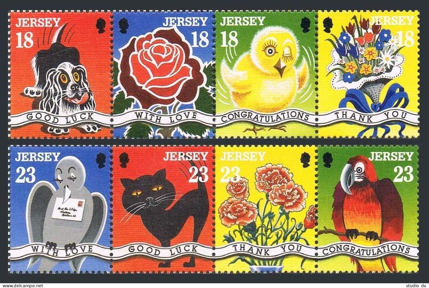 Jersey 697a, 701a Strips, 702, MNH. Greetings Stamps 1995. Dog, Rose, Boar. - Jersey