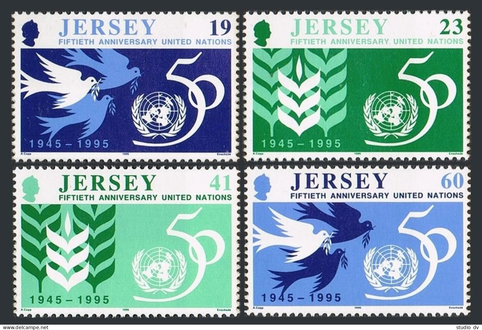 Jersey 736-739,MNH.Michel 719-722. UN,50th Ann.1995.Doves,Wheat Ear,emblem. - Jersey